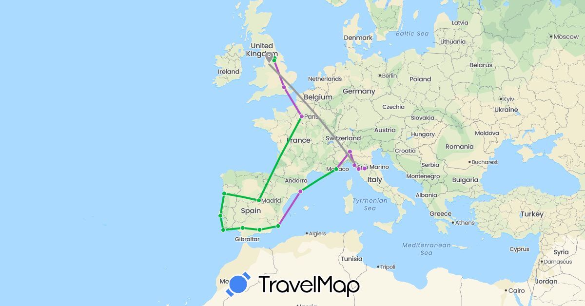 TravelMap itinerary: driving, bus, plane, train in Spain, France, United Kingdom, Italy, Portugal (Europe)